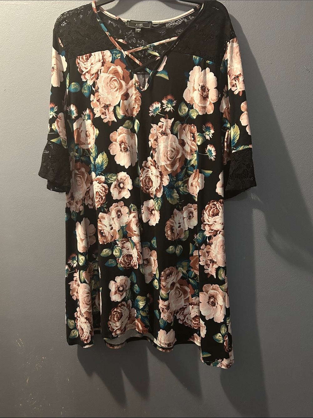 Vibe Black Floral Lace-Trim Tunic Dress